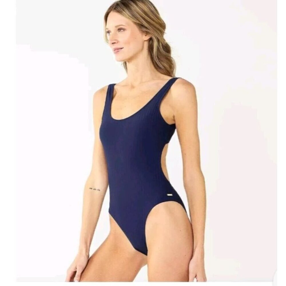 Nine West Ribbed Back Tie One Piece Navy Blue Size Medium